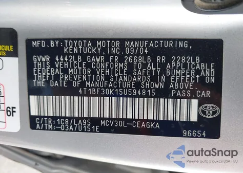 2005 Toyota Camry Xle V6 from USA, damaged, VIN 4T1BF30K15U594815